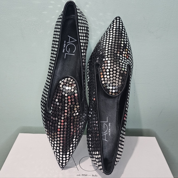 NIB AGL Rei Black & Light Capsule Satin Pointed Toe Flats Moccasin Loafers sz 38 - Picture 6 of 11